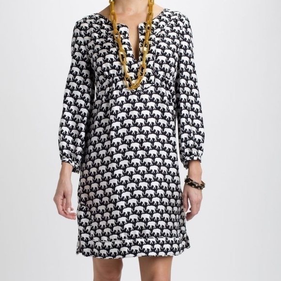 Elizabeth McKay SILK MARILOU DRESS black with white elephants size 8 tunic EUC - Picture 1 of 11